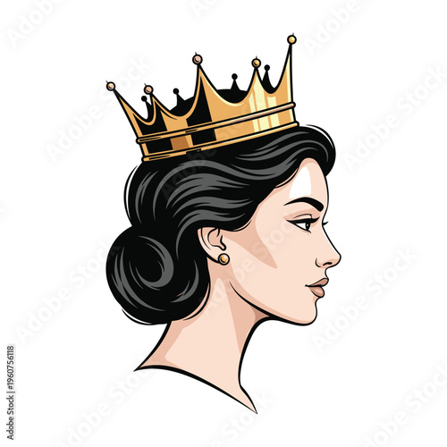 Elegant profile illustration of a woman with dark hair wearing a golden crown, exuding regal charm