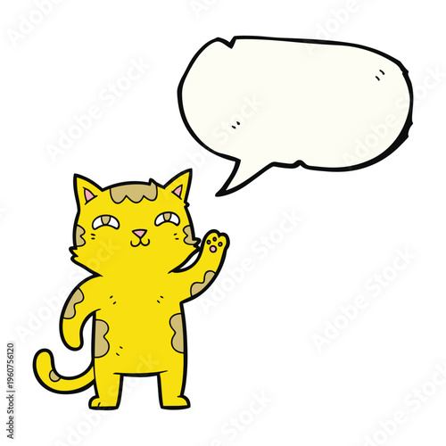 A cartoon illustration of a friendly yellow cat with brown markings waving, accompanied by a blank speech bubble