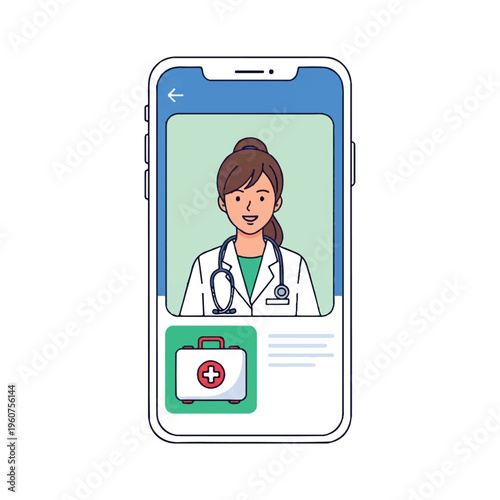 Illustration of a female doctor on a smartphone screen with a medical bag icon below, set against a clean white background with a blue and green color scheme.