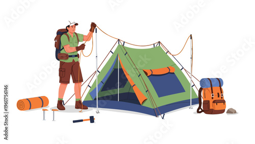 Camping Setup: A solo adventure, a man erecting a tent, gear spread beside him, under the vast sky.