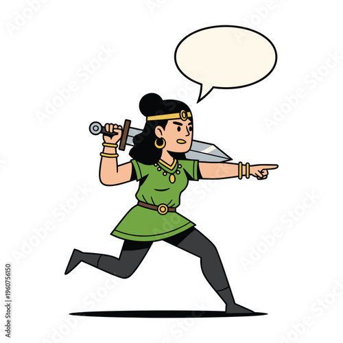 A cartoon illustration of a female warrior in a green tunic, black leggings, and gold jewelry, running and pointing with a sword, and a speech bubble above her head