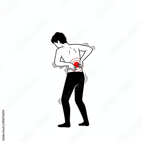 Man clutching lower back in severe pain with red target indicator illustration vector.