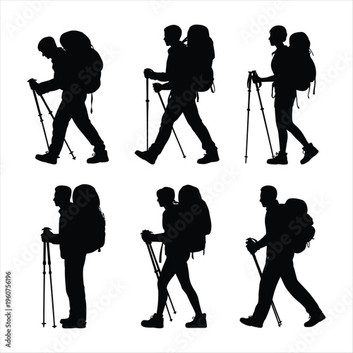 Black Silhouette of Hikers with Backpacks and Poles