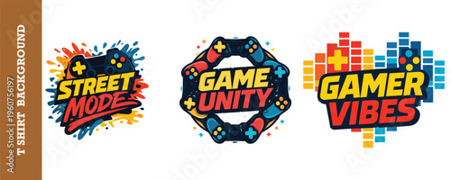 Gamer controller logos for street mode game unity and gamer vibes apparel design concepts.