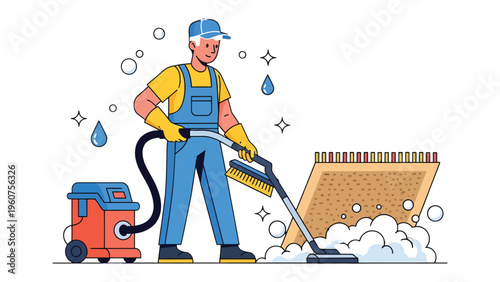 Cleaning Service Technician: A dedicated cleaning service technician meticulously vacuums a rug. Showcasing expertise in home care and maintenance.