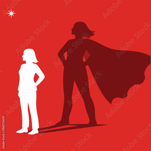 Woman Casting Superhero Shadow Representing Hidden Strength, Confidence and Female Empowerment – Vector Illustration