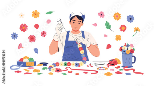 Artisan in Bloom: A dedicated artisan meticulously crafts a garland of vibrant, colorful flowers. Showcasing the beauty of floral design and the dedication of handcraftsmanship.