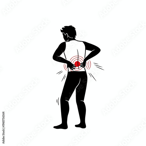 Graphic silhouette of a man clutching lower back in pain with red target ache indicator vector illustration.