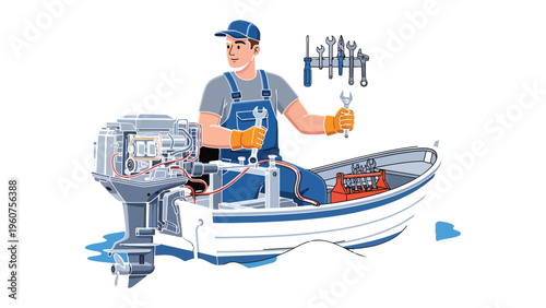 Mechanic on a Boat: A skilled mechanic meticulously repairs a boat's engine, embodying precision and expertise in the realm of marine maintenance.