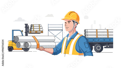 Construction Worker and Supplies: A construction worker oversees the loading of metal pipes onto a truck, highlighting the coordination and efficiency of construction site logistics.