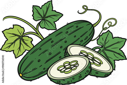 Fresh Green Cucumber Vegetable Illustration. Organic Cucumber Healthy Food Concept. Whole Cucumber Farm Fresh Produce. Sliced Cucumber Natural Food Ingredient. Cucumber Vegetable Isolated Food Item.