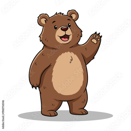 A friendly cartoon bear with brown fur and a light brown belly waves hello with an open-mouthed smile