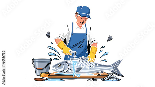 Fisherman at Work: A diligent fisherman expertly cleans a large fish, demonstrating the care and precision required in the fishing industry.