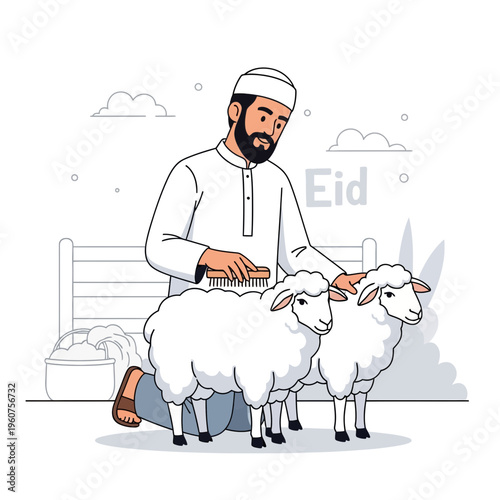 Muslim farmer carefully grooming sheep in preparation for Eid celebration