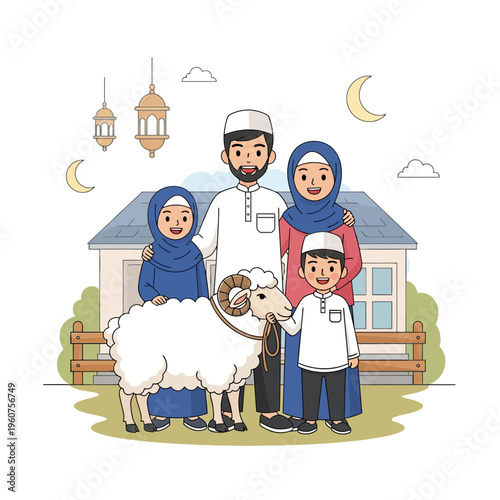 A Smiling Muslim family with a sheep, preparing for Eid al-Adha sacrifice outdoors