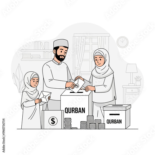 Muslim family prepares for Qurban by making donations for the upcoming Eid al Adha celebration