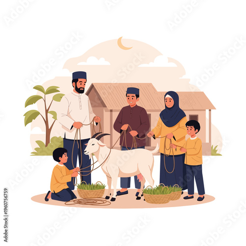 A Muslim family preparing for Eid Al-Adha sacrifice with a goat in a rural setting