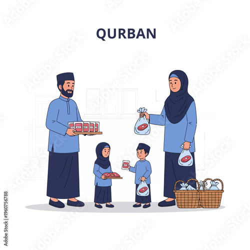 Muslim Family Distributing Qurban Meat During Eid Celebration