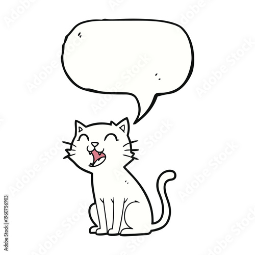 A happy cartoon cat with a speech bubble, sitting and laughing with a wide open mouth and closed eyes