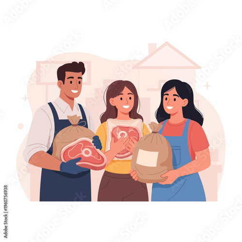 Smiling community members sharing bags of fresh meat and food supplies