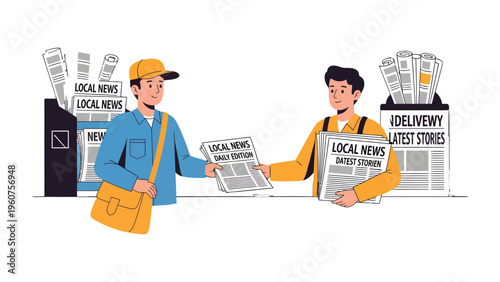 News Delivery Exchange: A vibrant illustration depicts a newspaper delivery with two individuals, emphasizing the exchange of information and the essence of local news