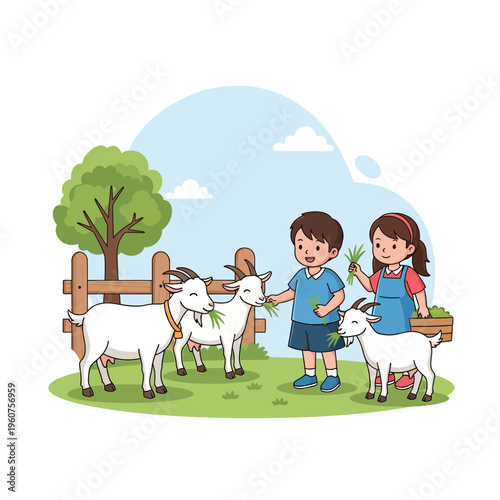 Children happily feeding goats grass on a sunny farm scene with a wooden fence and tree