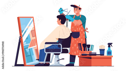 Hair Salon Service: An illustration captures a barber meticulously cutting the hair of a customer, surrounded by salon essentials, conveying a sense of skill and dedication in providing a haircut.