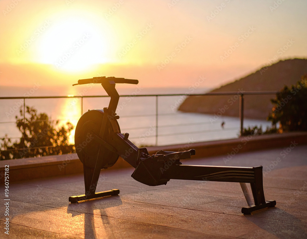 Naklejka premium Capture the essence of health with this silhouetted rowing machine at golden hour. A powerful symbol of endurance and luxury, ideal for fitness marketing and wellnessthemed projects.