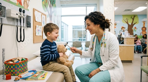 A pediatrician communicates with his patient - a child - in the confidential atmosphere of a modern hospital.