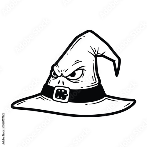 A black and white cartoon illustration of a witch's hat with an angry face on its buckle