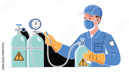Industrial Worker with Tanks: An industrial worker, donning protective gear, diligently inspects a set of gas cylinders, ensuring safety and precision.