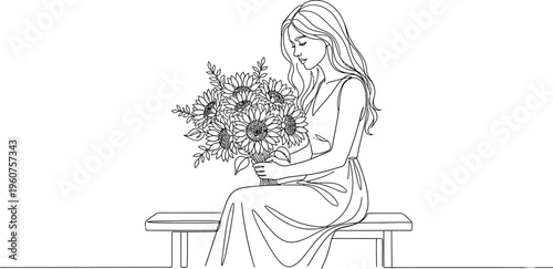 Woman Holding Sunflower Bouquet Line Art