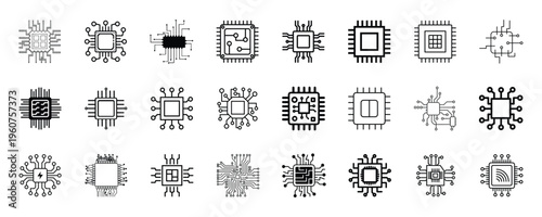 set of computer microchip processor line Icons