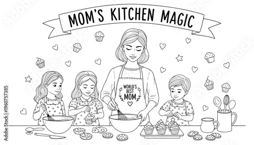 Mom's Kitchen Magic – Mother and Children Baking Together Coloring Page Vector Illustration for Mother's Day