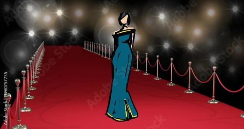 Animation of first place award trophy at floodlit red carpet winners prize giving ceremony