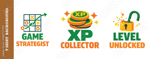 Gaming strategy and experience icons for game strategist xp collector and level unlocked.