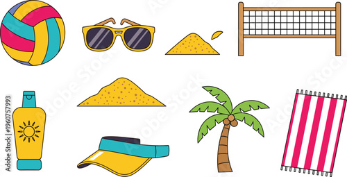 Beach Vacation Essentials Vector Set with Ball Sunglasses Sand Volleyball Net Sunscreen Palm Tree Towel and Summer Accessories on White Background