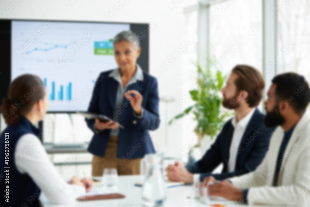 Fototapeta premium soft focus blurred photo of Professional business presentation in modern office, mature female leader speaking to diverse team, corporate meeting with data charts on screen