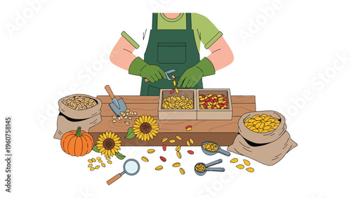 Sowing Seeds of Growth: A farmer carefully selects and sorts seeds, preparing for the upcoming planting season with the tools of his trade spread before him.