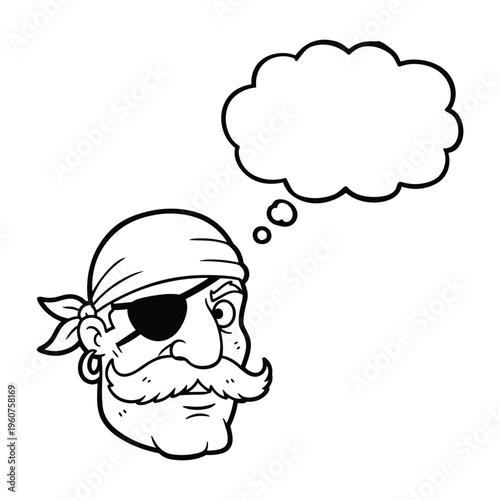 A black and white cartoon drawing of a pirate's head with an eyepatch and a thought bubble