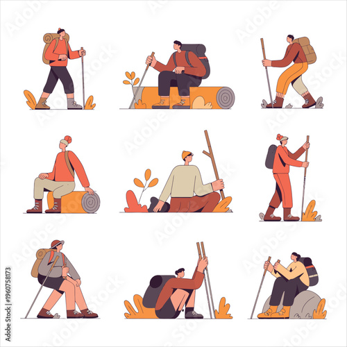 Hikers with Backpacks and Trekking Poles in Various Poses