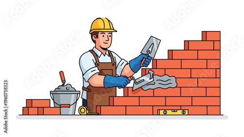 Building a Foundation: A skilled bricklayer meticulously constructs a brick wall, showcasing precision and craftsmanship in their work.