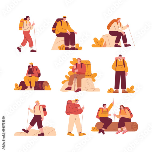 Group of hikers with backpacks and trekking poles hiking