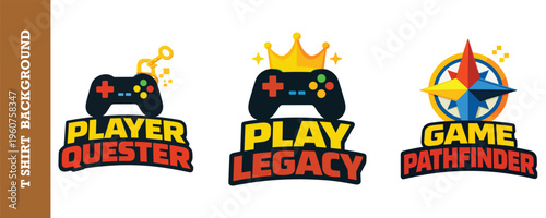 Player quester play legacy and game pathfinder adventure badges with controller graphics.