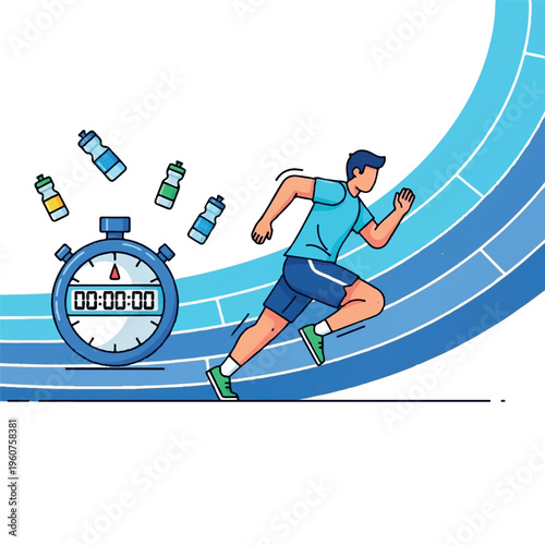 Illustration of a man running on a blue track with a stopwatch and water bottles, conveying a sense of athleticism and urgency in a vibrant, dynamic scene.
