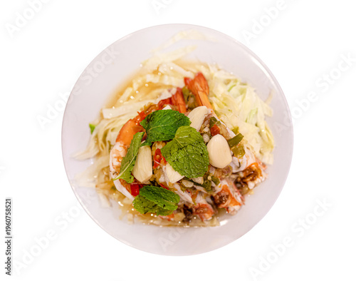 Top view of Fresh shrimp salad, focus selective