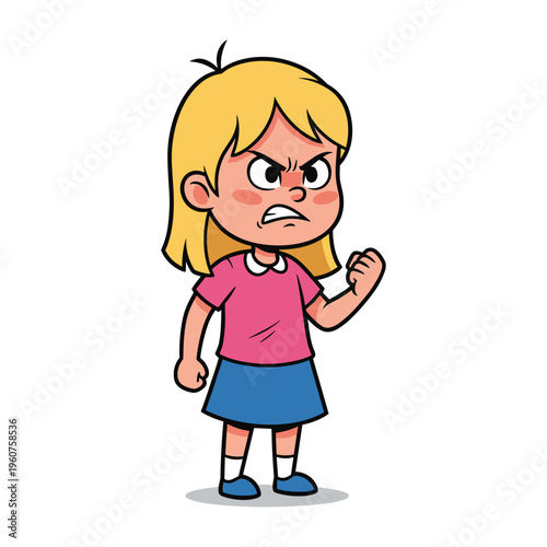 An illustration of a young, blonde girl with an angry expression, clenching her fists and looking frustrated
