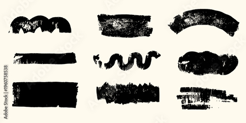 Set of textured  black hand painted grunge brush strokes. vector swatches for tags and stamps design. 