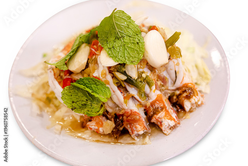 Top view of Fresh shrimp salad, focus selective