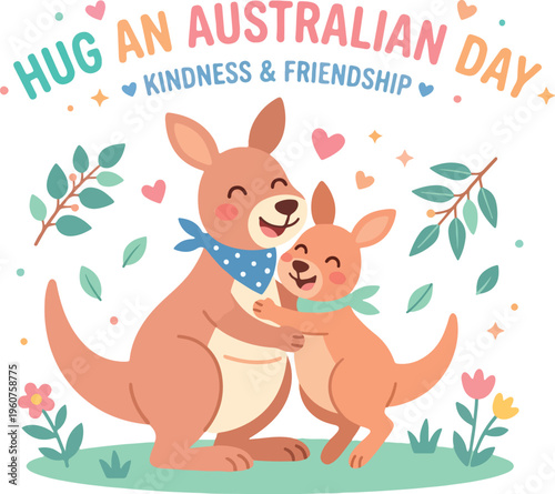 Kangaroo and joey hug each other.